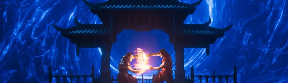 Two characters fight in a temple with a swirling vortex in the background.