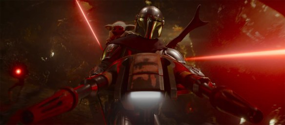 The Mandalorian and Grogu escape from a fire fight.