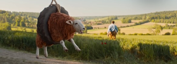 A sheep swings in a tire. 