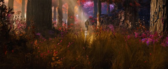 A sword in a colourful meadow with a hawk perching on it.