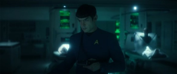 A body bag wakes up behind Spock. 