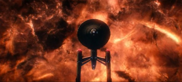 The USS Enterprise in a storm.