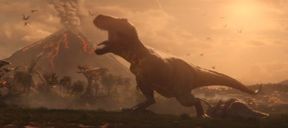 A T-Rex roaring to a volcano.