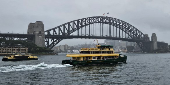 A ferry drives in front of the Sydney Harbour Bridge.  