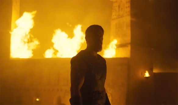 Odysseus in front of a burning building.