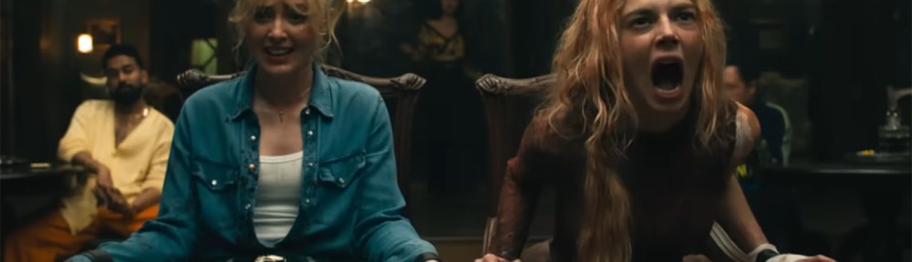 Samara Weaving screaming while being strapped to a chair with Kathryn Newton.