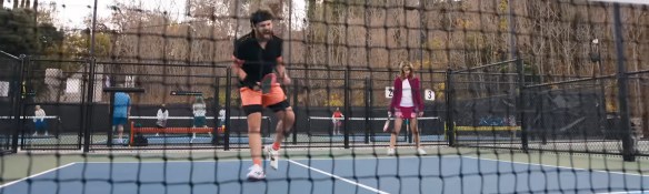 Dusty losses it on a pickleball court.