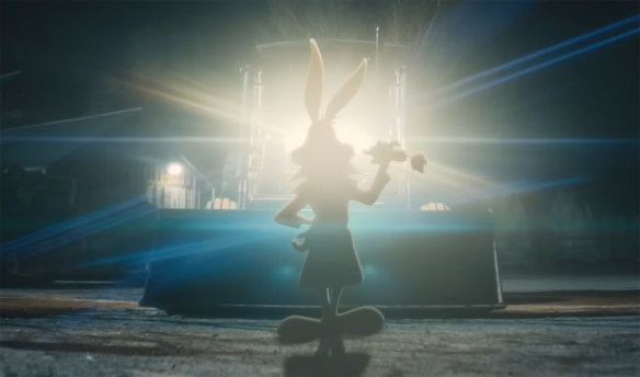 Bugs Bunny hidden in the glare of headlights.