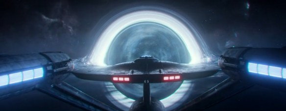 The USS Enterprise in front of a white hole. 